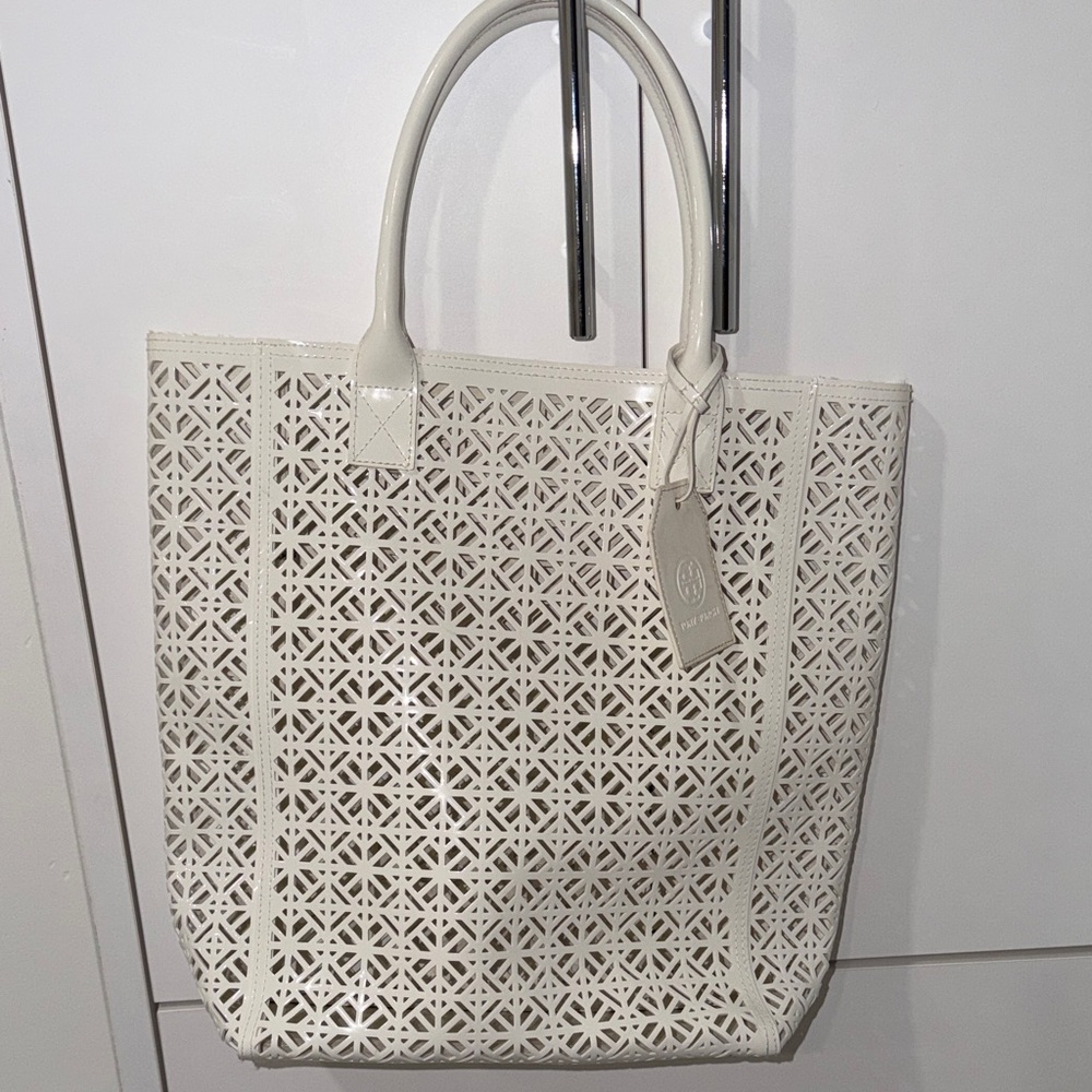 Tory Burch White Laser-Cut Leather Tote